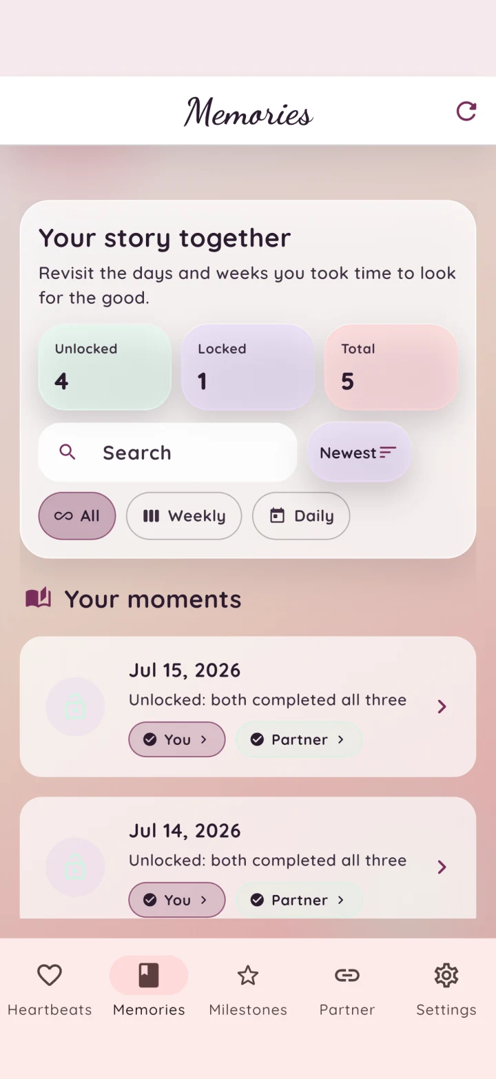 HeartSync shared memories screen